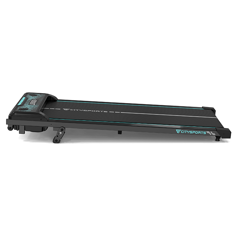 CITYSPORTS WP6 walking pad, low side view with transport wheels