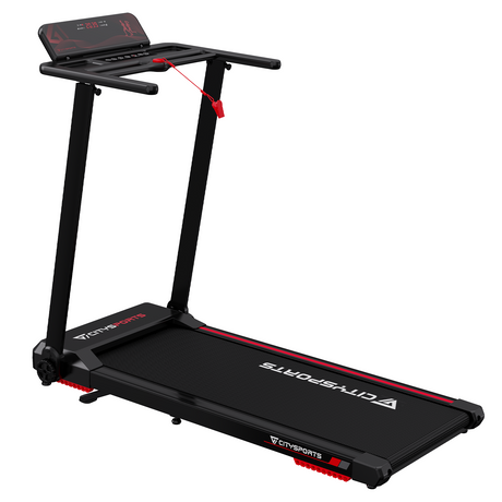 CITYSPORTS WP9 folding treadmill with handrail raised, front three-quarter view